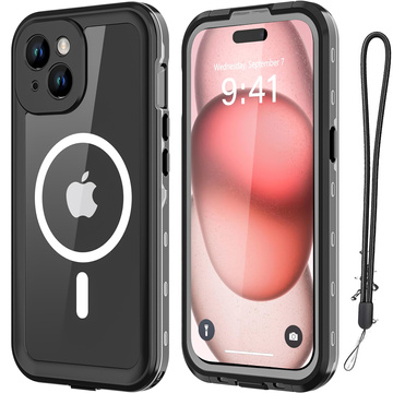 Case for iPhone 15 Plus waterproof Mag Safe Case armored waterproof housing black and gray