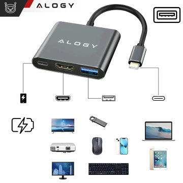 HUB 3in1 adapter USB-C to HDMI USB-A USB-C 4K 60Hz Alogy gray