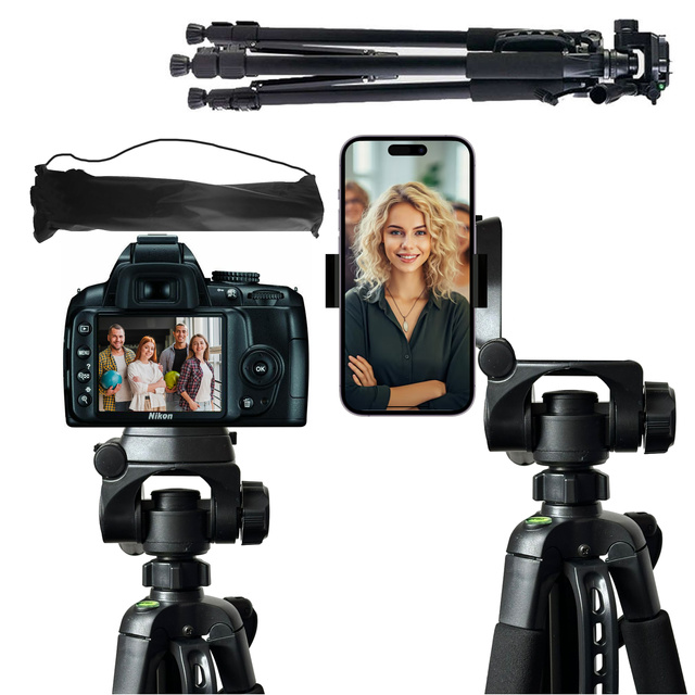 Fotografování ze stativu Stativ Univerzální stojan na fotoaparát 1/4 držák na telefon s fotoaparátem 170 cm Alogy Black
