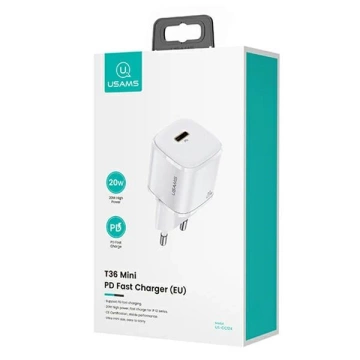 USAMS Wall charger 1x USB-C T36 mini 20W USB-C-Lightning cable white/white PD3.0 Fast Charging XFKXLOGTL02 (US-CC124 US-SJ484)