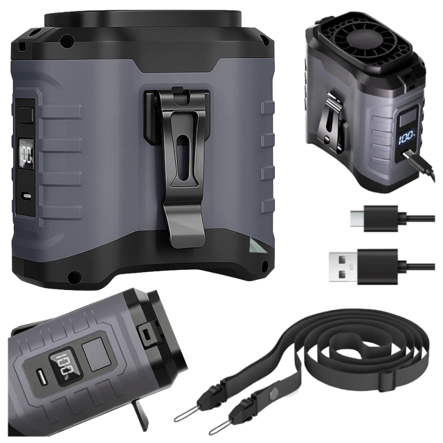 Fan with belt clip, 4000 mAh battery, 5 speed levels, 8-40 hours runtime, USB charging, for use on construction sites, outdoors, hiking, for summer work, power bank
