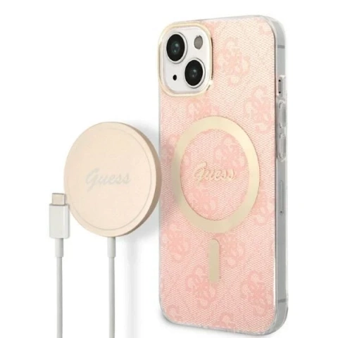 Zestaw Guess GUBPP14SH4EACSP nabíjačka puzdra iPhone 14 6,1" ružové/ružové pevné puzdro 4G Print MagSafe