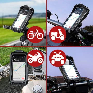 Držák na telefon na motocykl a kolo pro telefony do 7" Voděodolný, IP66 s dotykovou obrazovkou, s portem pro kabel, pro motocykly, kola, skútry, Kewigy - černý