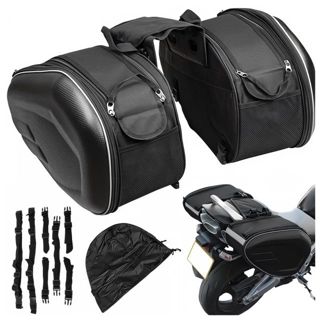 Motorcycle Saddlebag 38-58L - Bag, Side Cases, Rear Seat Bag, Waterproof, Hard Material, Adjustable for Motorcycle - Alogy RoadPack™ Black