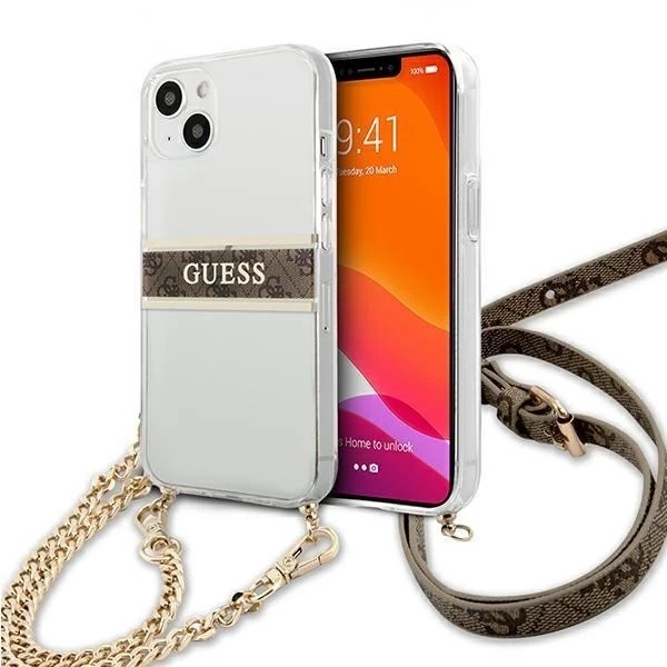 Guess GUHCP13SKC4GBGO iPhone 13 mini 5,4" priehľadné pevné puzdro 4G hnedý remienok zlatá retiazka