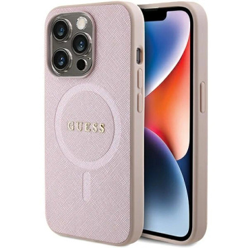 Guess GUHMP15LPSAHMCP Hülle für iPhone 15 Pro 6,1" Rot/Pink Saffiano MagSafe Hardcase