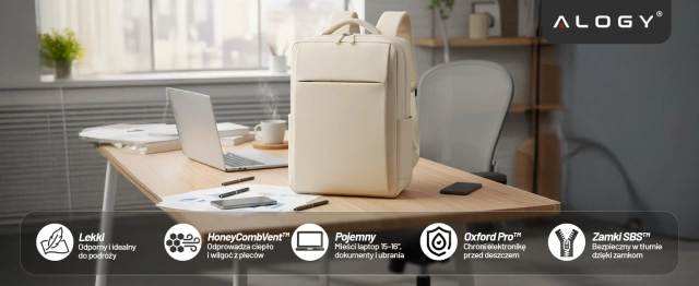 Alogy UrbanPack Pro™ Business-Rucksack für 15-16"-Laptops – Wasserdicht, stoßfest, mit Flaschenfach und Gepäckgurt – Beige