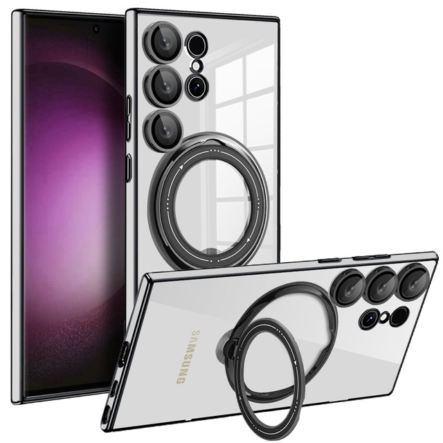 Etui do Samsung Galaxy S24 Ultra obudowa magnetyczne Ring Mag Safe Clear magnes do uchwytu Alogy Czarne przezroczyste + Ładowarka Qi