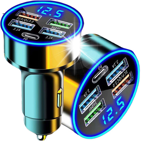 Nabíječka do auta 4x USB QC 3.0 USB C PD 20W LED rychlá výkonná 250W pro telefon Alogy Car černá