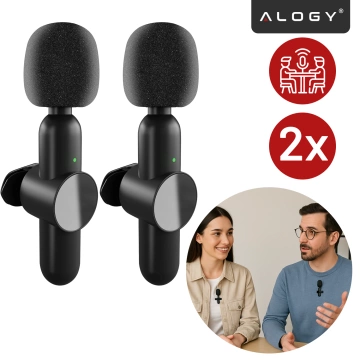 Bezdrôtový mikrofón 2x sada - Lightning pre iPhone, potlačenie hluku, ľahká konštrukcia, dosah až 20 metrov - 2x klopový mikrofón s kožušinovým krytom, slúchadlo na telefón - Alogy DualVoice™ čierny