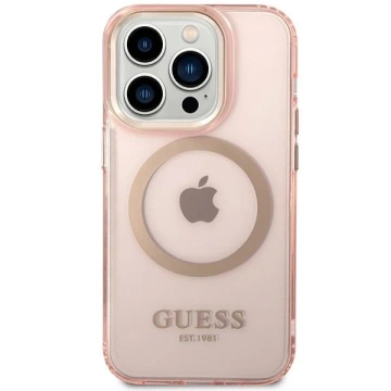 Ratet mal, Handyhülle für iPhone 14 Pro Max 6,7" rosa/rosa Hartschale Gold Outline Translucent MagSafe