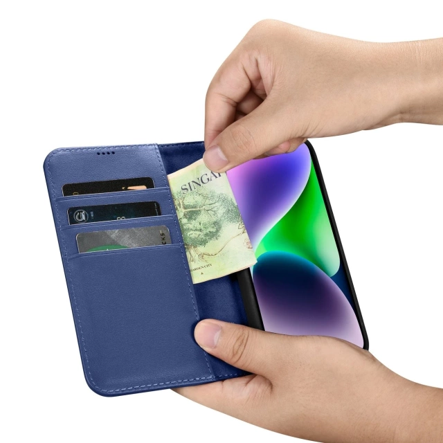 Kožené flipové puzdro iCarer Wallet Case 2v1 iPhone 14 Plus Anti-RFID modré (WMI14220727-BU)
