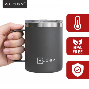 Thermo mug 420ml with handle lid for coffee tea steel cold and hot drinks Alogy Gray