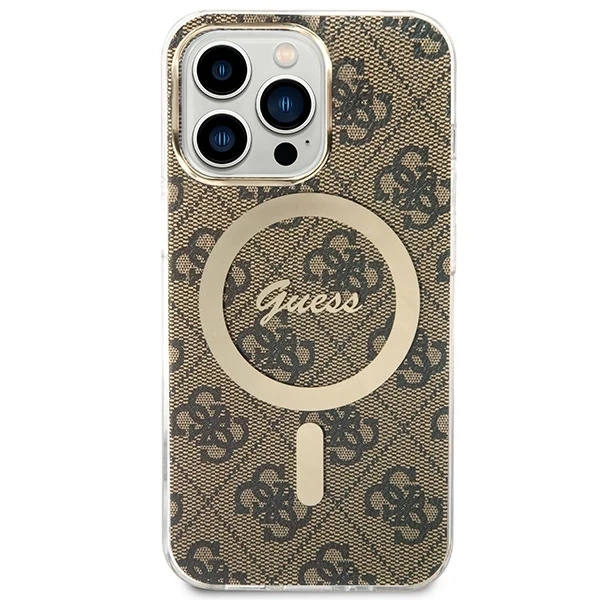 Zestaw Guess GUBPP13LH4EACSW Nabíjačka puzdra iPhone 13 Pro brązowy/hnedé pevné puzdro 4G MagSafe Print