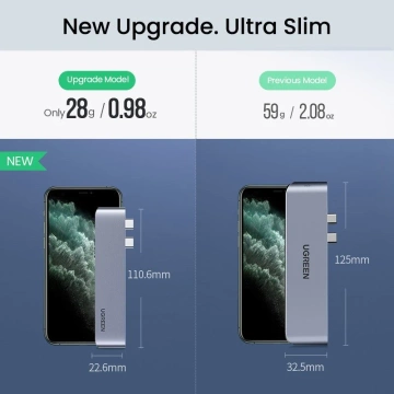 Multifunctional HUB UGREEN 2x USB Type C to USB Type C PD (Thunderbolt 3, 100W, 4K@60 Hz, 10 Gbps) / HDMI 4K@30 Hz / 3x USB 3.0 for MacBook Pro / Air gray (60559)