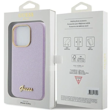 Etui Guess GUHCP15LPGMCSL na iPhone 15 Pro 6,1" liliovo/fialové pevné puzdro Glitter Glossy Script