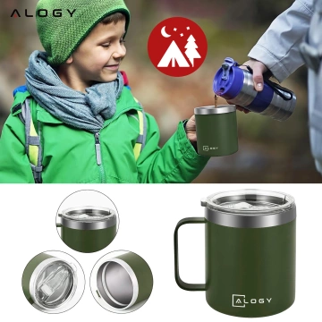 Thermobecher 420 ml mit Henkeldeckel für Kaffee, Tee, Steel, Kalt- und Heißgetränke Alogy Green