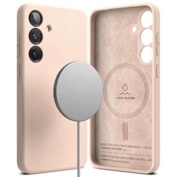 Silikonový pouzdro na Samsung Galaxy S25 s růžovým pískovým kroužkem a magnetickým MagSafe.