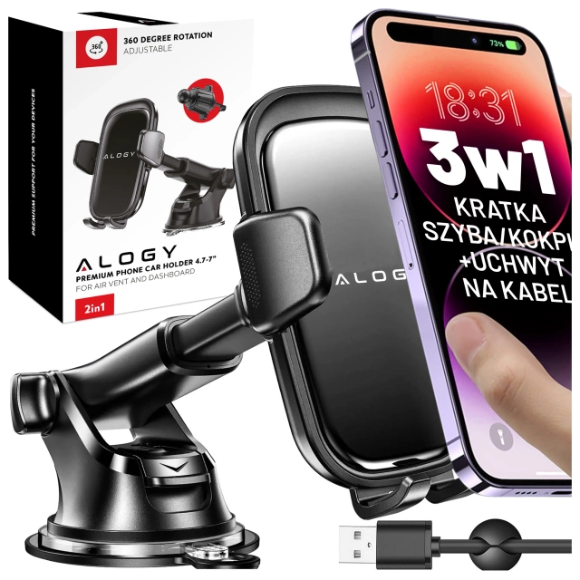 Car phone holder, window, grille, cockpit, dashboard, car, car, for 7" phone Alogy 3in1 Black Organizer