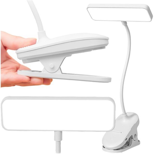 LED-Schreibtisch-Nachtlicht, Lesepult mit Clip, Clip-Lampe, Touch 3 Modi, kabelloses USB-Kabel, Weiß