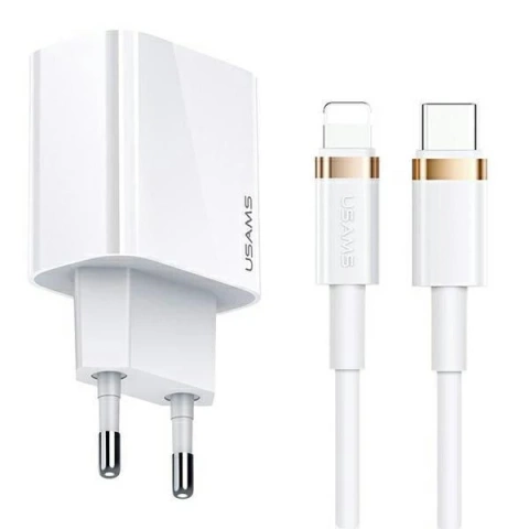 USAMS Nástěnná nabíječka 1xUSB-C T34 20W 5V-3A PD3.0 kabel U63 USB-C to lightning 20W bílá/bílá (T49) T49OCLN01