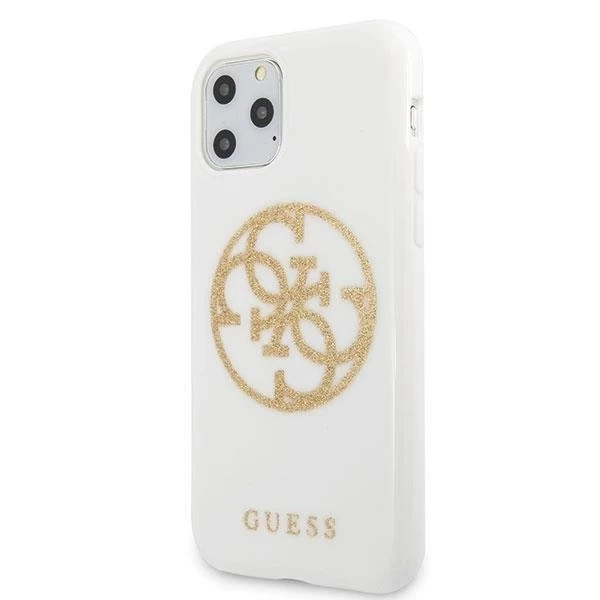 Guess GUHCN65TPUWHGLG iPhone 11 Pro Max bílé/bílé pevné pouzdro Glitter 4G Circle Logo