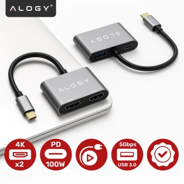 Adapter HUB 4w1 Alogy przejściówka USB-C do 2x HDMI USB 3.0 USB-C szybkie ładowanie PowerDelivery PD 100W