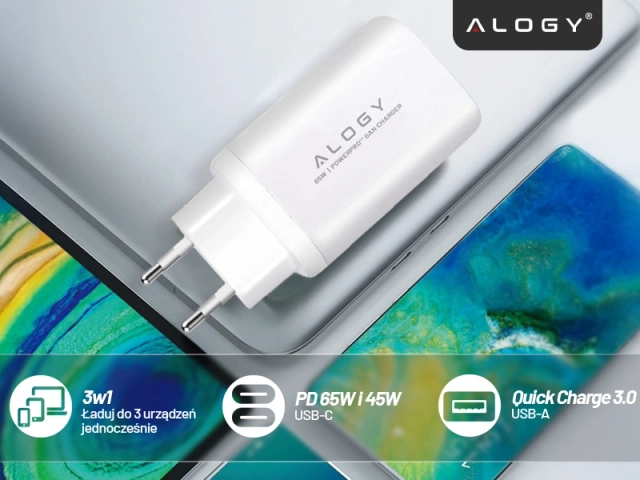 Alogy GaNCharge Kompaktes 3-in-1-Wandladegerät, schnelles Laden, GaN3, 65 W, USB-A, 30 W, 2 x USB-C, 65 W, Weiß