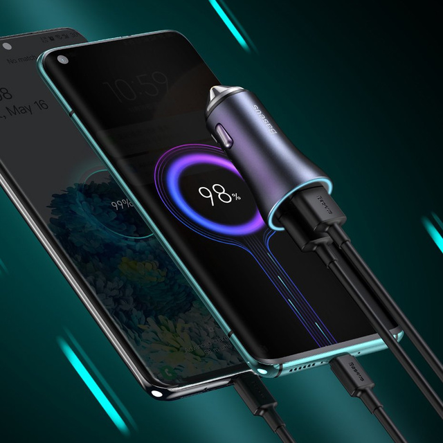 Baseus Golden Contactor Pro Autoladegerät, USB USB-C, QC4.0, PD, SCP, 40 W (grau) USB-zu-USB-C-Kabel 1 m