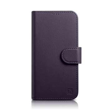 iCarer Wallet Case 2v1 pouzdro na telefon pro iPhone 14 Plus Anti-RFID kožený flipový kryt tmavě fialový