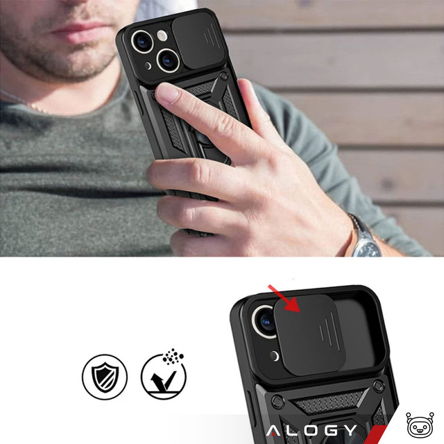 Obrněné pouzdro pro iPhone 15 Plus Camshield Case Ring Alogy Stand s posuvným krytem fotoaparátu černé sklo