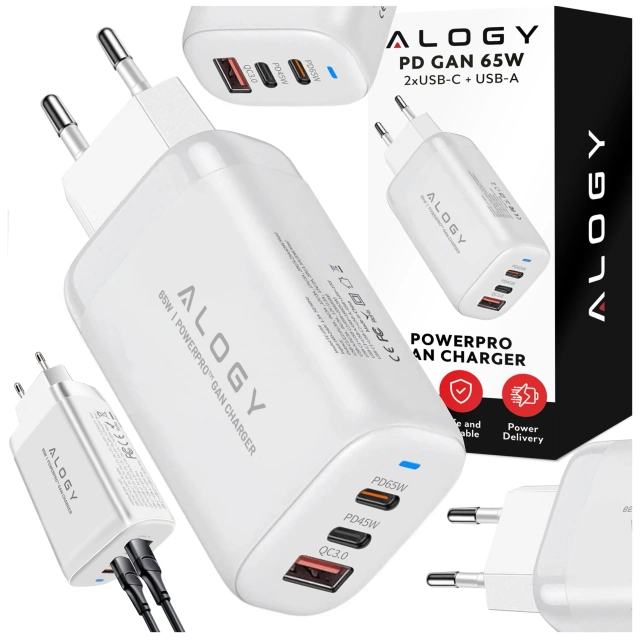 Alogy GaNCharge Compact 3in1 Wall Charger Fast Charging GaN3 65W USB-A 30W 2x USB-C 65W White