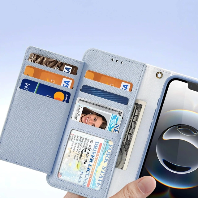 Dux Ducis Lawa iPhone 16e Leather Case with Blue MagSafe Wallet