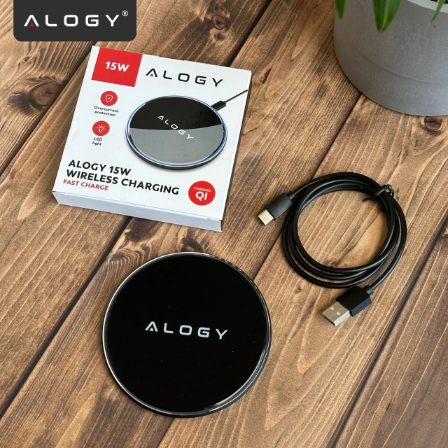 QI бездротовий індуктивний зарядний пристрій 15 Вт швидкий LED Alogy круглий для iPhone USB-C кабель Чорний