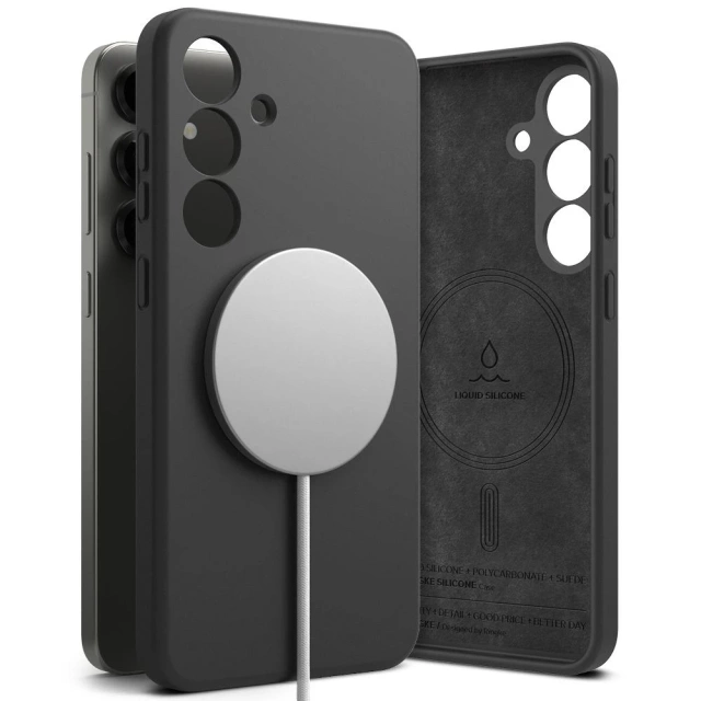 Silikónový kryt na Samsung Galaxy S25 Plus, čierny, s magnetickým krúžkom, MagSafe