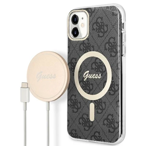 Zestaw Guess GUBPN61H4EACSK Case Charger iPhone 11 6,1" čierny/čierny pevný obal 4G Print MagSafe