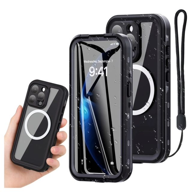 Puzdro na iPhone 15 vodotesné Mag Safe Case pancierové vodotesné puzdro čiernej a šedej farby