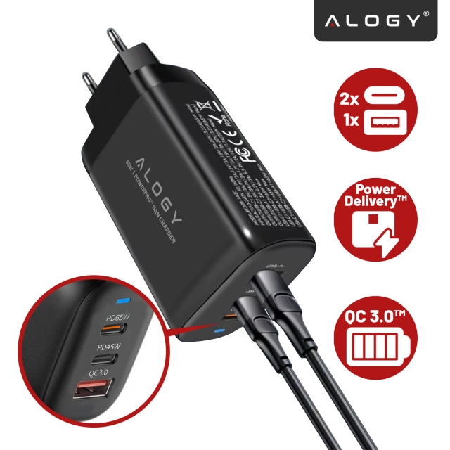 Alogy GaNCarge Kompaktná nástenná nabíjačka 3v1 rýchle nabíjanie GaN3 65W USB-A 30W 2x USB-C 65W čierna