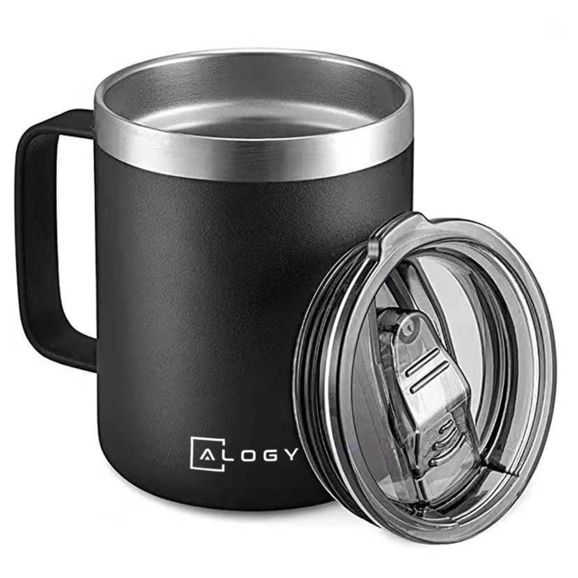 Thermal mug 420 ml with a handle and lid for coffee, tea, steel, cold and hot drinks, Alogy Black