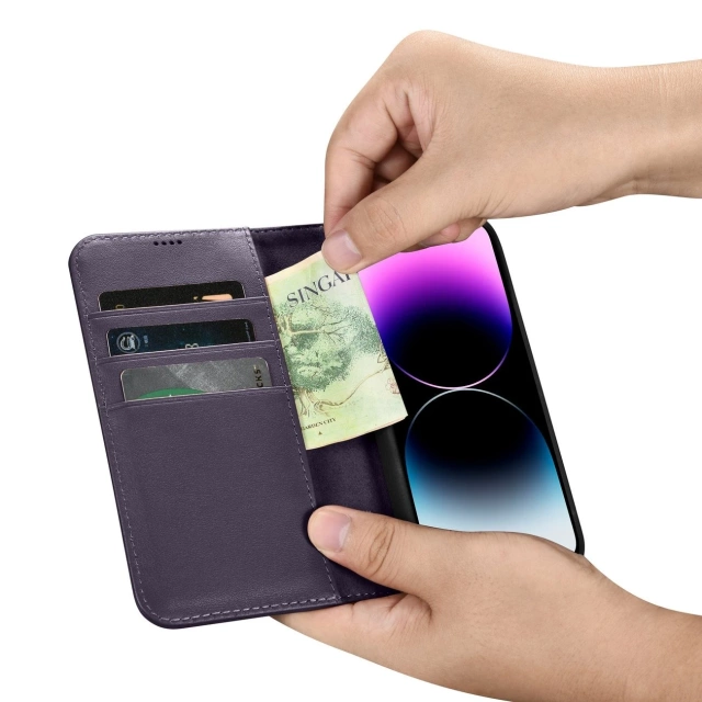 iCarer Wallet Case 2v1 puzdro na telefón pre iPhone 14 Pro Max Anti-RFID Flip Leather Cover Dark Purple