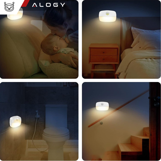 LED noční lampa s pohybovým senzorem do EU zásuvky, 3 barvy světla Alogy Night Light White