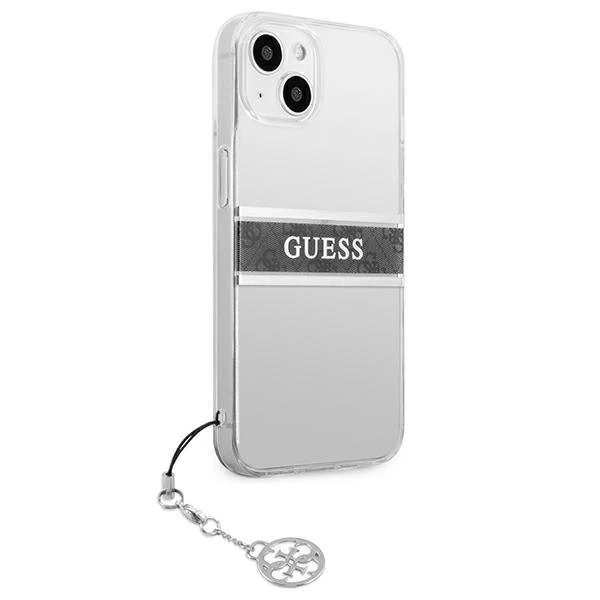 Guess GUHCP13SKB4GGR iPhone 13 mini 5,4" Transparentné pevné puzdro 4G Grey Strap Charm