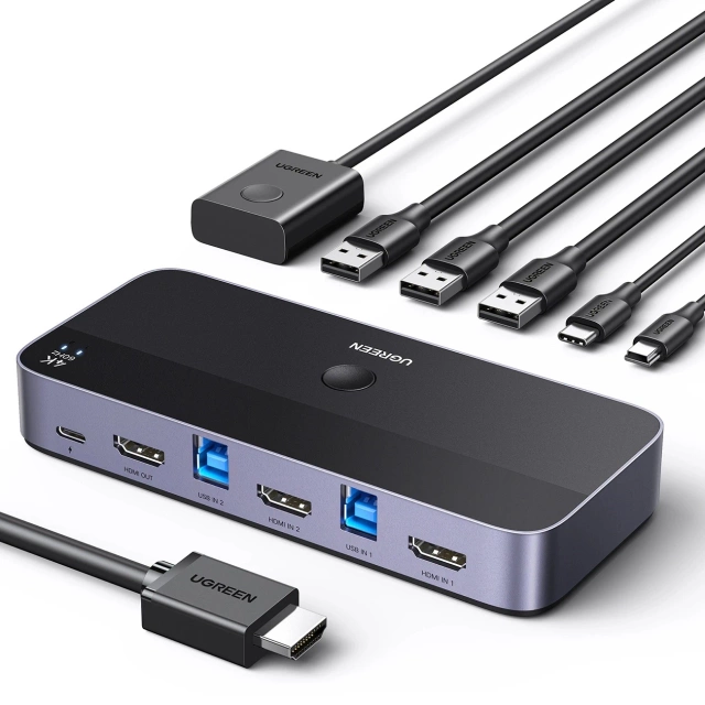 Przełącznik KVM Ugreen CM664 HDMI 4K 60Hz USB-C Pilot 2w1 5Gb/s Czarny