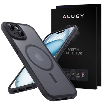 Чохол із загартованого скла для Apple iPhone 15 Plus Alogy MagSafe Hybrid Matte Case Matte Cover with Lens Protection Black
