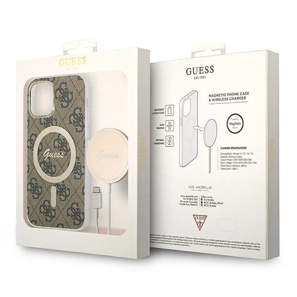 Zestaw Guess GUBPP12MH4EACSW Case+ Charger iPhone 12/12 Pro brązowy/brown hard case 4G MagSafe Print