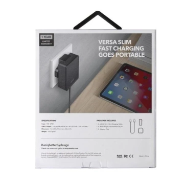 UNIQ Wall Charger Versa Slim USB-C PD 18W USB-C to USB-C cable black/charcoal black (LITHOS Collective)