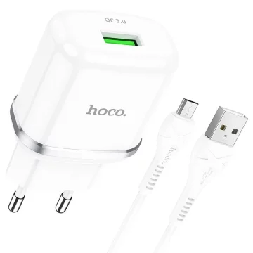 Ładowarka sieciowa HOCO USB A + kabel USB A do Micro USB QC3.0 3A 18W N3 biała