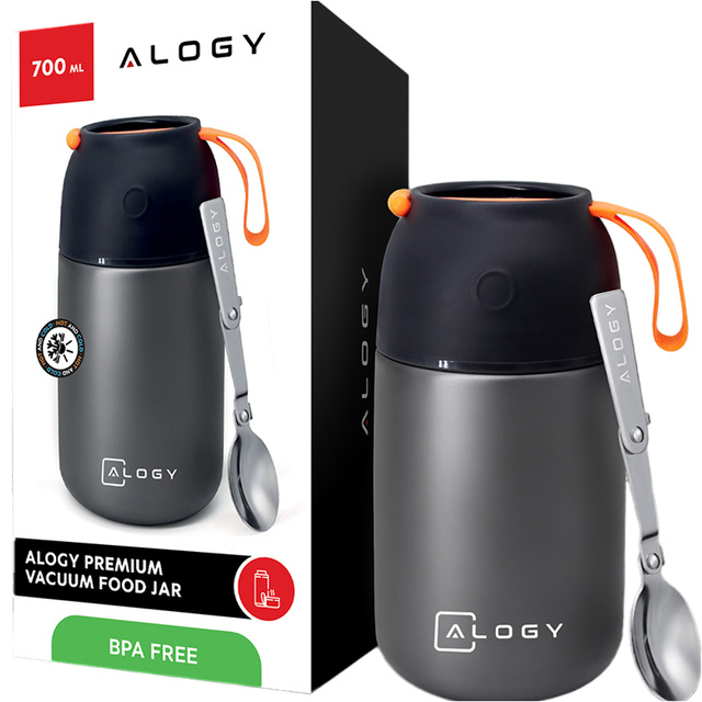 Termos pojemnik obiadowy na jedzenie żywność zupę lód dla dzieci 700ml Alogy ze stali nierdzewnej + składana łyżeczka termiczny szary