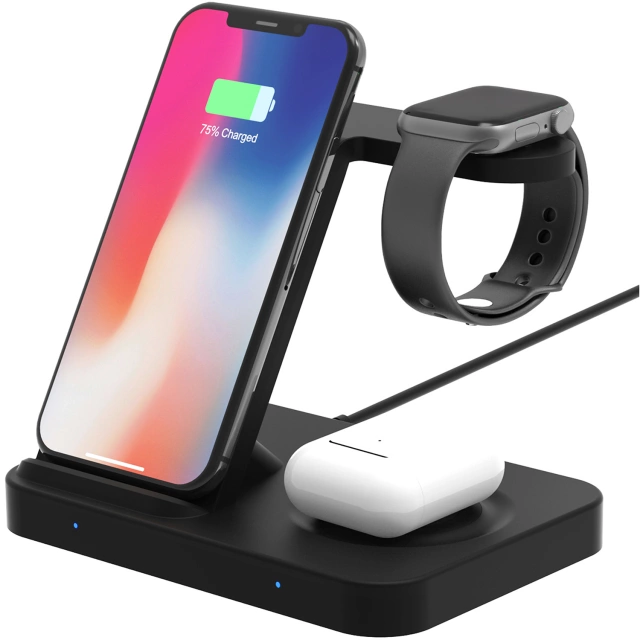 Індуктивний зарядний пристрій Qi 15W для iPhone Apple Watch AirPods Wireless 3in1 Docking station Black
