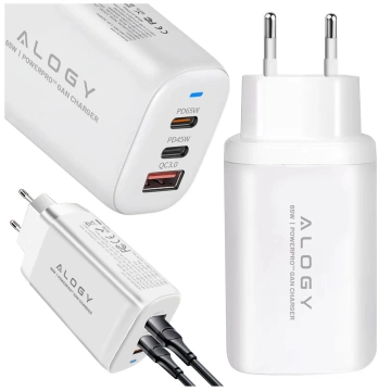 Alogy GaNCharge Compact 3in1 Wall Charger Fast Charging GaN3 65W USB-A 30W 2x USB-C 65W White